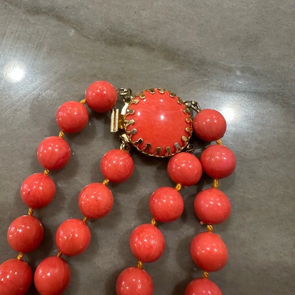 Vintage Mid Century Two Strand Faux Coral Lucite Bead Necklace with Ornate Clasp